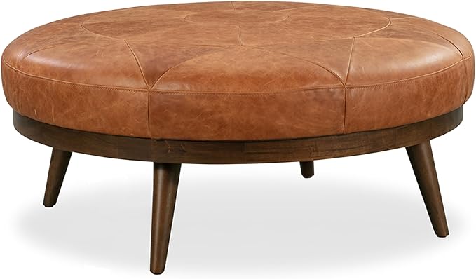 Poly & Bark Gio Ottoman – 30” Round with Feather-Down Topper – Full-Grain Leather Upholstery – Couch Ottoman for Living Room – Vintage Italian Leather in Cognac Tan