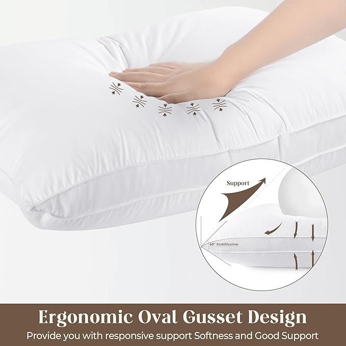 Goose Down Feather Pillows, Soft Bed Pillows Queen Size Set of 2, 100% Soft Cotton Shell,Gusseted Hotel Pillows for Back, Stomach or Side Sleepers