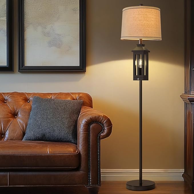 63" Floor Lamps for Living Room Bedside Nightstand Lamp All Black Tall Standing Lamp for Home Decor Bedroom Reading Lamp Farmhouse Rustic Bed Lights with 2 Light Sources (2 Bulbs)