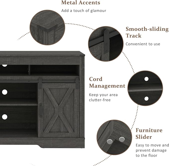 Farmhouse TV Stand for 65+ Inch TV, 34'' Tall Entertainment Center with Sliding Barn Doors, Rustic Wood Media Console Storage Cabinet Television Stand for Living Room, Bedroom (Dark Grey)