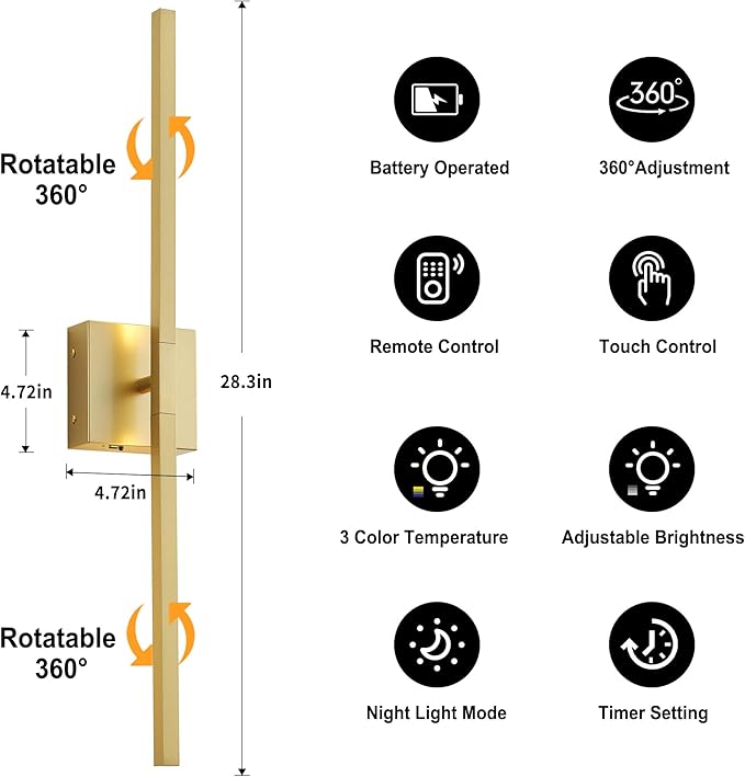 Wireless Battery Operated Wall Sconces Set of Two, Dimmable Modern Wall Sconce with Remote Control, 360°Rotation & Timer & Memory, Gold Led Rechargeable Wall Lights for Living Room, 28.3 Inch