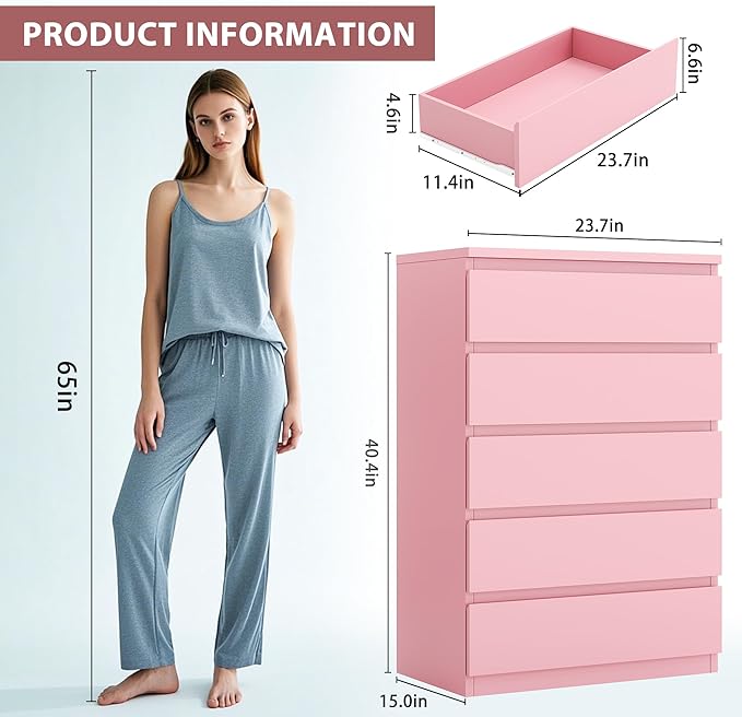 Modern Pink 5 Drawer Dresser for Bedroom, 15" D x 23.7" W x 40.4" H in Simply Chest of Drawers, Wood Storage Dresser with Deep Drawers for Living Room Hallway Entryway, Pink