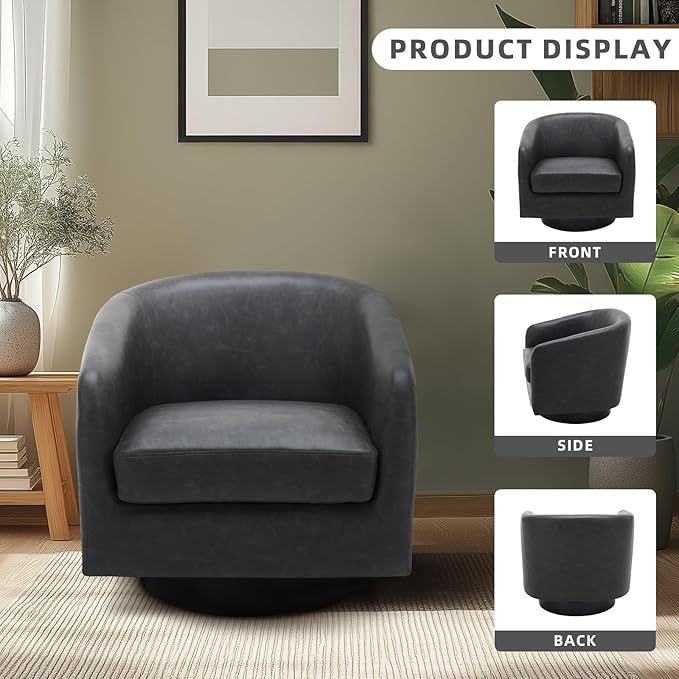 UIXE 360° Swivel Barrel Accent Chair Armchair, PU Leather Round Club Arm Chair for Lving Room, Modern Upholstered Small Bedroom Single Sofa Seat - Black, Set of 2
