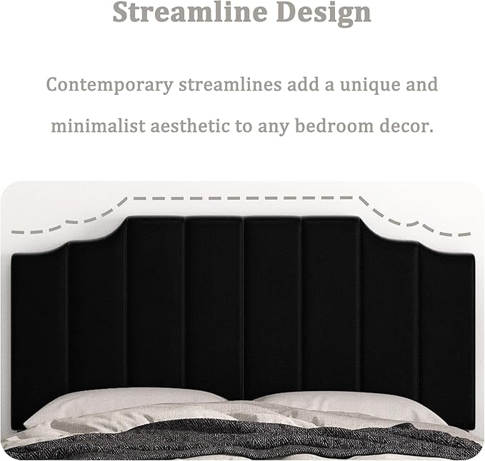 Queen Size Headboard Only, Velvet Wall Mounted Headboard Queen Size for Adjustable Bed, Modern Vertical Channel Design with Curved Tufted Upholstered Head Board and Luxury Soft Padded, Black
