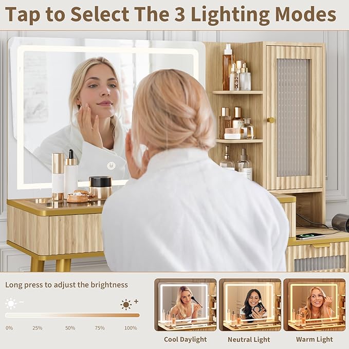 QUW Fluted Makeup Vanity Desk with Mirror and Lights, Modern Glass Top Vanity Table with Charging Station, Vanity Mirror 3 Lighting Modes Adjustable Brightness, Dressing Table for Bedroom, Natural Oak