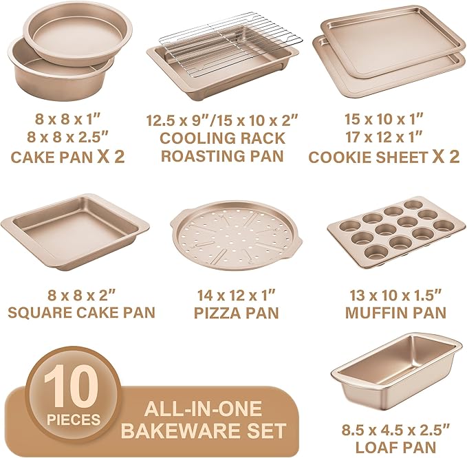 HONGBAKE Bakeware Sets, Baking Pans Set, Nonstick Oven Pan for Kitchen with Wider Grips, 10-Piece Including Rack, Cookie Sheet, Cake Pans, Loaf Pan, Muffin Pan, Pizza Pan - Champagne Gold