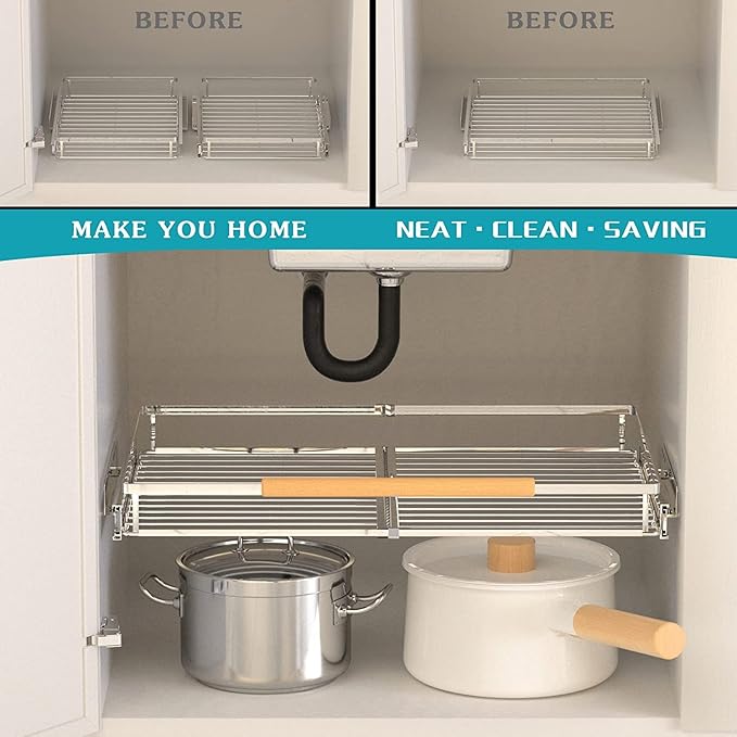 Expandable Sliding Basket, Pull-Out Cabinet Organizer, Heavy Duty Slide Out Pantry Shelves Sliding Drawer Storage for Kitchen, Under Sink, Wardrobe, 2 Pack Chrome 16.6''-27.8''W x 22''D