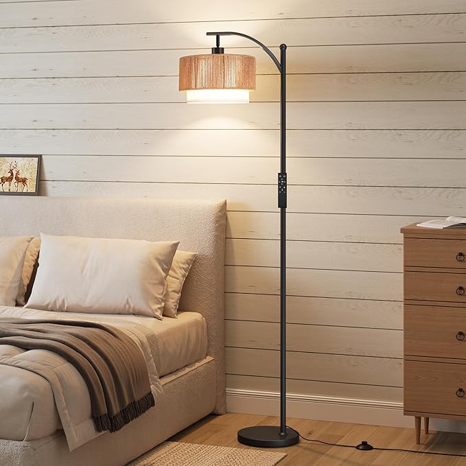 SUNMORY Floor Lamps for Living Room with 12W Remote and Dimmable Bulb, LED Arc Lamp, Farmhouse Floor Lamps with Adjustable Rattan & Fabric Shades, Boho Standing Lamp for Bedroom, Corner, Home Decor