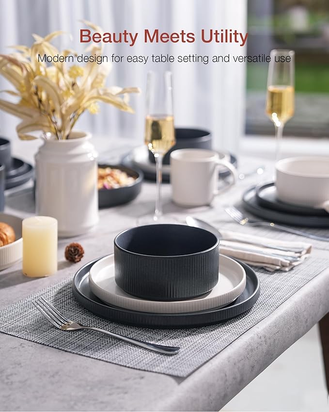 Famiware Star Dinnerware Set, Plates and Bowls Sets for 4 (12pcs), Ribbed Stoneware Dishes - Chip & Scratch Resistant, Microwave & Dishwasher Safe, Multicolor - Matte White & Matte Dark Charcoal