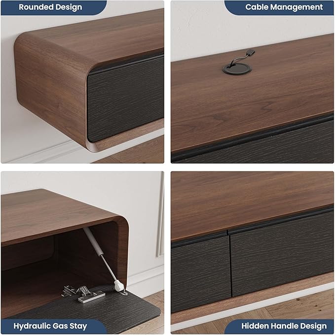 Fully-Assembled Minimalist Floating TV Stand, Modern Wall-Mounted Entertainment Center with 3 Flip-Down Cabinet Doors, Solid Wood, Walnut Veneer, 78"