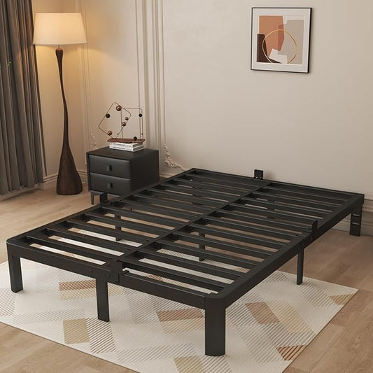 10 Inch Full Size Bed Frame, Black Bed Frame Full with Metal Gaskets, No Box Spring Needed, Rounded Corner Design, Heavy Duty Steel Platform Support, Reserved Holes, Storage Space, Noiseless