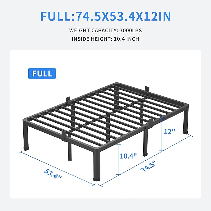 MAF 12 Inch Full Size Metal Platform Bed Frame with Round Corner Legs, Mattress Slide Stopper, 3000 LBS Heavy Duty Steel Slats Support, No Box Spring Needed, Noise Free