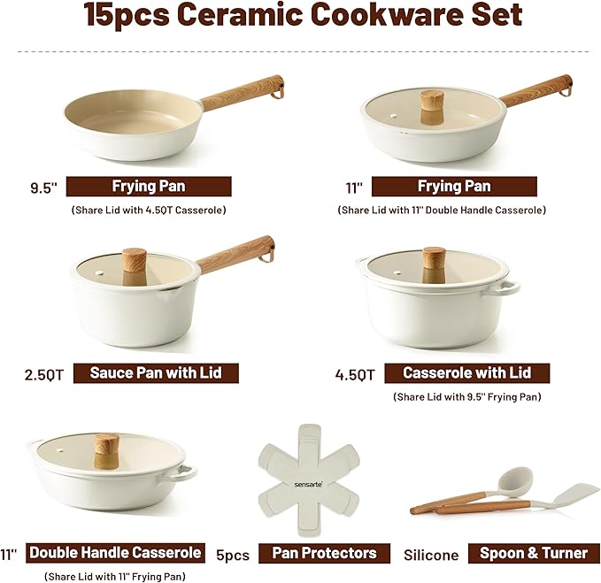 SENSARTE Ceramic Nonstick Cookware Set Non-toxic Healthy Pots and Pans Set Ceramic Coated Kithchen Cooking Set, Free of Intentionally Added PFAS/PTFE, Dishwasher&Oven Safe, Induction Compatible, 15pcs