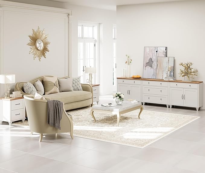 WAMPAT Farmhouse TV Stand for 100 Inch TV, 3-in-1 TV Console Table for 75/80/85/90 Inch TV, Entertainment Center with 5 Drawers and 4 Doors, Kitchen Sideboard Buffet Cabinet for Dining Room, White