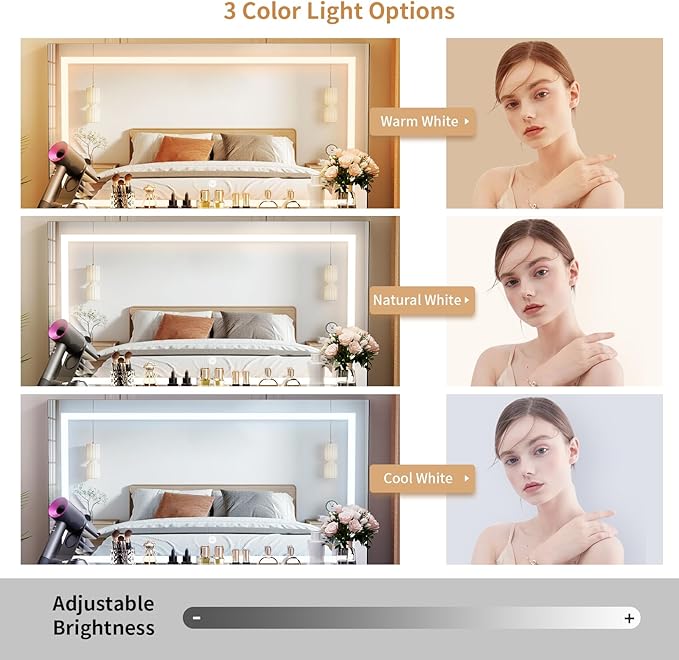 VOWNER Vanity with Lighted Mirror - Makeup Vanity Desk with Power Outlet and 9 Drawers, 3 Color Lighting Modes Adjustable Brightness, 43" Vanity Table with Soft Cushioned Stool for Bedroom, Black