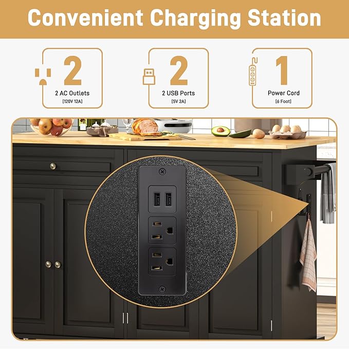 51.2" Movable Kitchen Island with Drop Leaf and Power Outlet, Rolling Island Cart w/Storage Cabinet, Island Table on Wheels for Kitchen w/2 Drawers, Spice Rack, Towel Bar, Garage Hook, Black