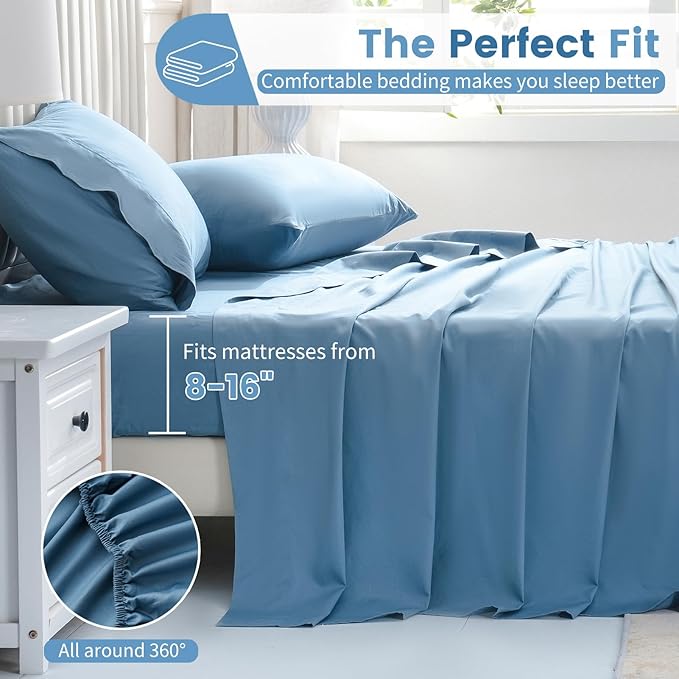 Bedlifes 1000 Thread Count 100% Egyptian Cotton King Size Sheets Set - Sateen Soft Silky Breathable Luxury Cooling 4 Pieces (Mineral Blue)