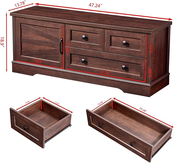 LIDYUK 3 Drawer Cherry Wood Dresser for Bedroom Farmhouse Dresser Chest of Drawers, 48" End of Bed Storage Bench Wide Chest of Drawers for Bedroom, Living Room