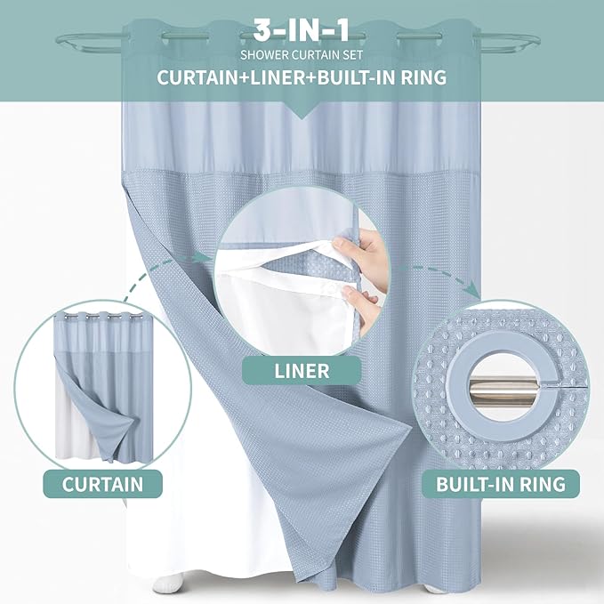 ForstBlue No Hook Waffle Weave Shower Curtain with snap-in Liner Replacement, 230GSM Waterproof Fabric Hotel Shower Curtain Set for Bathroom, Through Mesh Top Window,71Wx77H