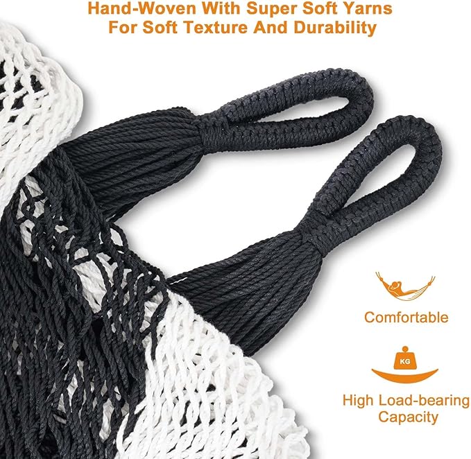 Lazy Daze Hammocks Handwoven Mayan Hammock, 10.5 FT Soft Rope Double Hammocks, Portable Outdoor Hammock with Carry Bag, 2 Straps & carabiners for Patio Outside, 550 lbs Weight Capacity, Black/White