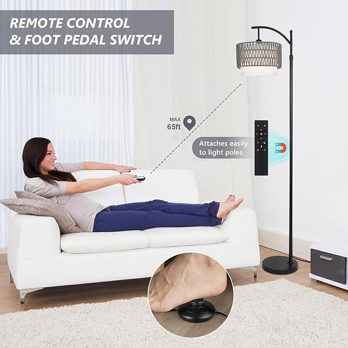 Floor Lamps for Living Room, Arc Standing Lamp with Remote & Dimmable Bulb, Boho Rattan Floor Lamp for Bedroom with 3 Color Temperatures, Farmhouse Tall Lamp, Height Adjustable Stand up Lamp