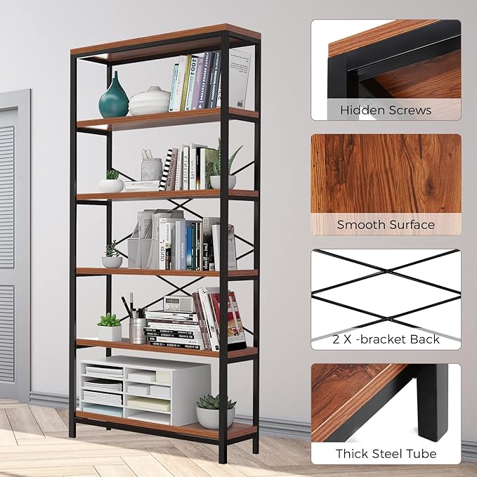 Himimi 6 Tier Industrial Bookshelf, Vintage Standing Storage Shelf, Display Shelving Units, Tall Bookcase, Industrial Metal Book Shelves for Living Room Bedroom and Home Office