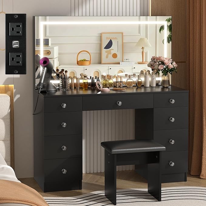 VOWNER Vanity with Lighted Mirror - 47" Makeup Vanity Desk with 9 Drawers and Power Outlet, 3 Color Lighting Modes Adjustable Brightness, Makeup Desk with Soft Cushioned Stool for Bedroom, Black