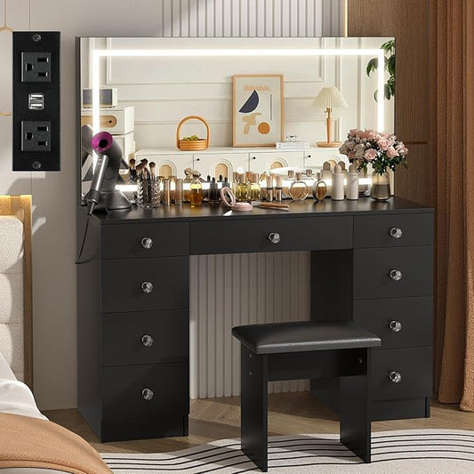 VOWNER Vanity with Lighted Mirror - 47" Makeup Vanity Desk with 9 Drawers and Power Outlet, 3 Color Lighting Modes Adjustable Brightness, Makeup Desk with Soft Cushioned Stool for Bedroom, Black