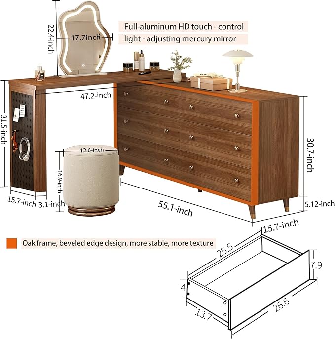 Makeup Vanity Desk Set with Cloud-Pattern HD Lighted Mirror and Stool, 60-100in Extendable Modern Vanity Table, 6-Drawer Solid Wood Frame Storage Cabinet Brown