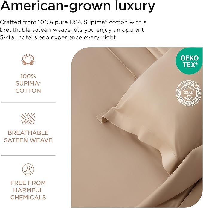 Threadmill Luxury Supima Cotton Sheets, Luxury 1000 Thread Count Soft 100% Cotton Sheets for Full Size Bed, 4 Pc Beige Bed Sheets Full Set, 5-Star Hotel Quality Elasticized Deep Pocket Bed Sheets Set