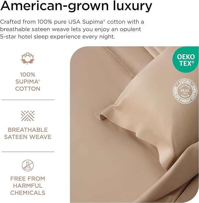Threadmill Luxury Supima Cotton Sheets, Luxury 1000 Thread Count Soft 100% Cotton Sheets for Queen Size Bed, 4 Pc Beige Bed Queen Set, 5-Star Hotel Quality Elasticized Deep Pocket Bed Sheets Set