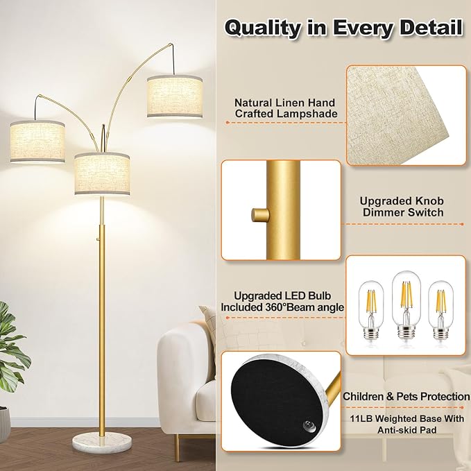 Dimmable Floor Lamp - 3 Lights Gold Arc Floor Lamps for Living Room, 1000LM Modern Tall Standing Lamp with White Shade&Marble Base, Mid Century Tree Floor Lamp for Bedroom Office, 3 LED Bulbs Included