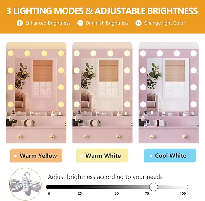 Makeup Vanity Desk with Mirror and Lights, 43" Pink Vanity Set with Chair, 3 Drawers, Power Outlet & Adjustable RGB LED Lights, Dressing Table with Storage Shelf for Women & Girls Bedroom