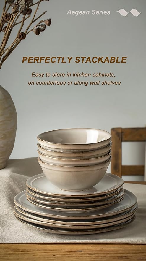 Famiware Aegean Dinnerware Set for 4, Plates and Bowls Sets, 12-Piece Stoneware Scratch Resistant Dinner Set, Handmade Irregular Round Dishes, Microwave and Dishwasher Safe, Sand Beige