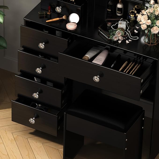 Black Vanity Desk with Mirror Lights, Makeup Vanity Table with 6 Drawers and Cabinet, Small Vanity Set with Chair Stool, 3 Modes Adjustable Sliding Mirror, Black Vanity for Bedroom