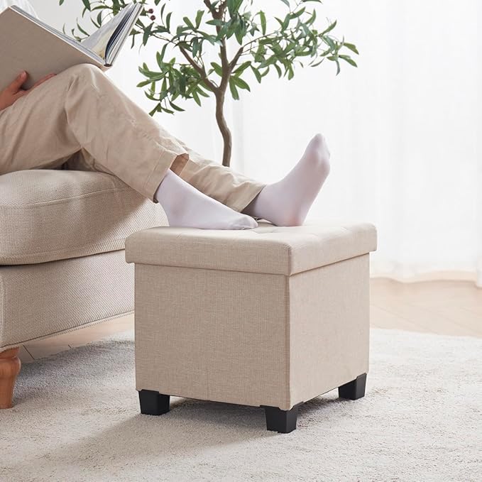 Ornavo Home 15 Inch Folding Storage Ottoman with Storage, Square Cube Linen Small Storage Ottoman Foot Rest Stool with Legs - Beige