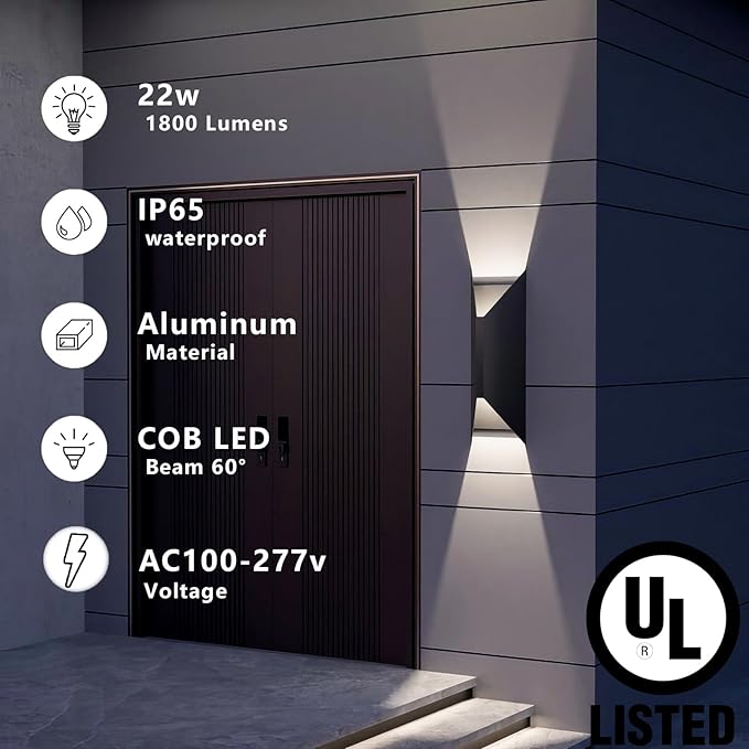 22W Dimmable LED Outdoor Wall Sconce,Modern Up Down Porch Lights 2700K 3000K 3500K 4000K 5000K 5 Colors Changeable,1800 Lumens Outdoor Wall Lights Exterior for House,Garage Door 2 Pack