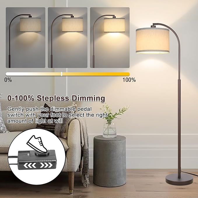Boncoo Dimmable Floor Lamp, Standing Lamp with Stepless Dimmer, Brown Floor Lamp with Adjustable Linen Beige Shade for Living Room Study Room Office, 9W 3000K Bulb Included