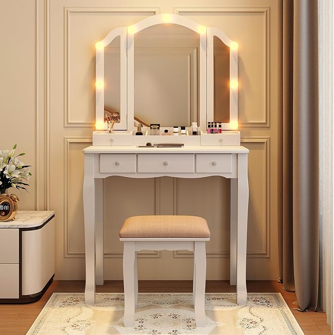 Vanity Desk with Mirror and Lights, Kids Vanity with Lights,5 Drawers and Cabinets White Vanity with Lighted Mirror Vanity Desk and Chair for Bedroom