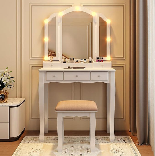 Vanity Desk with Mirror and Lights, Kids Vanity with Lights,5 Drawers and Cabinets White Vanity with Lighted Mirror Vanity Desk and Chair for Bedroom