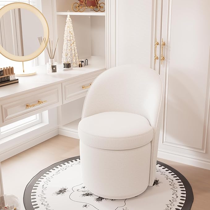 YOUNIKE Vanity Bench Boucle Fabric Beige Solid Wood Swivel Accent Chair with Backrest Easy Assembly Dressing Stool for Bedroom & Makeup Room