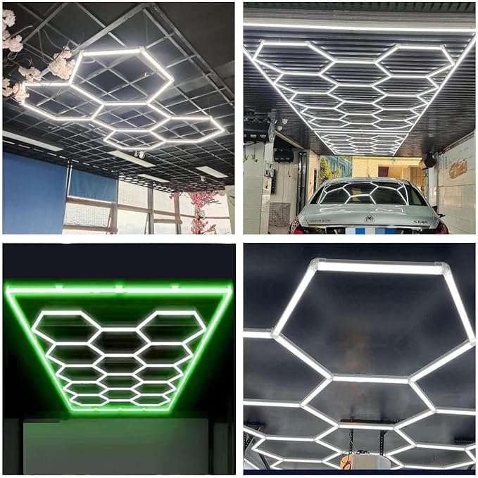 Hexagon Garage LED Light, Ceiling Lights, Shop Light for Car Detailing, Garage, Workshop and Gym (14 Hex Grids,Green) AC 100-240V(190.56 inch x 95.76 inch)