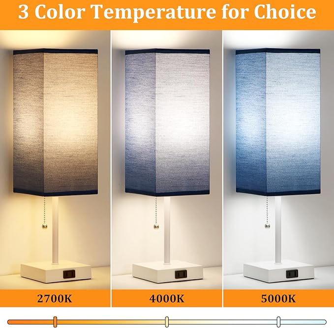 Table Lamp for Bedroom set of 2,3-Color Bedside Lamps with Pull Chain Table Lamps for Nightstand with AC Outlets,18'' Night Light Lamps with 2 Bulbs Lamps for Living Room Kids Office Decor（White-blue）