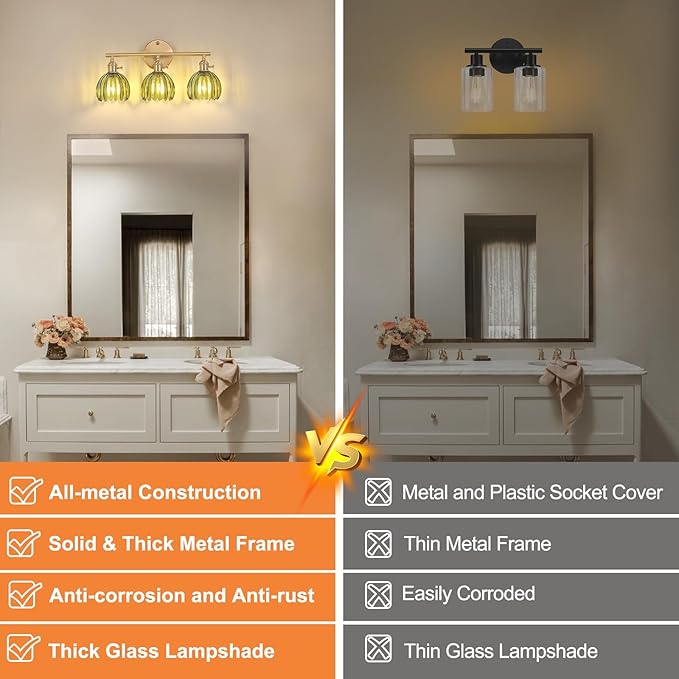 Bathroom Light Fixtures, 3-Light Brass Vanity Wall Light Over Mirror with Green Tulip Glass Shade for Bedroom Living Room
