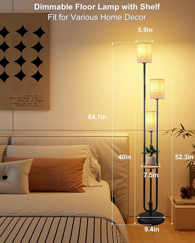 Lightdot 64Inch Floor Lamp with Table Dimmable Floor Lamp for Living Room 3000K Mid Century Modern Black Tall Standing Lamp with Shelf Candle Holder Style for Bedroom Corner(Bulbs Included)