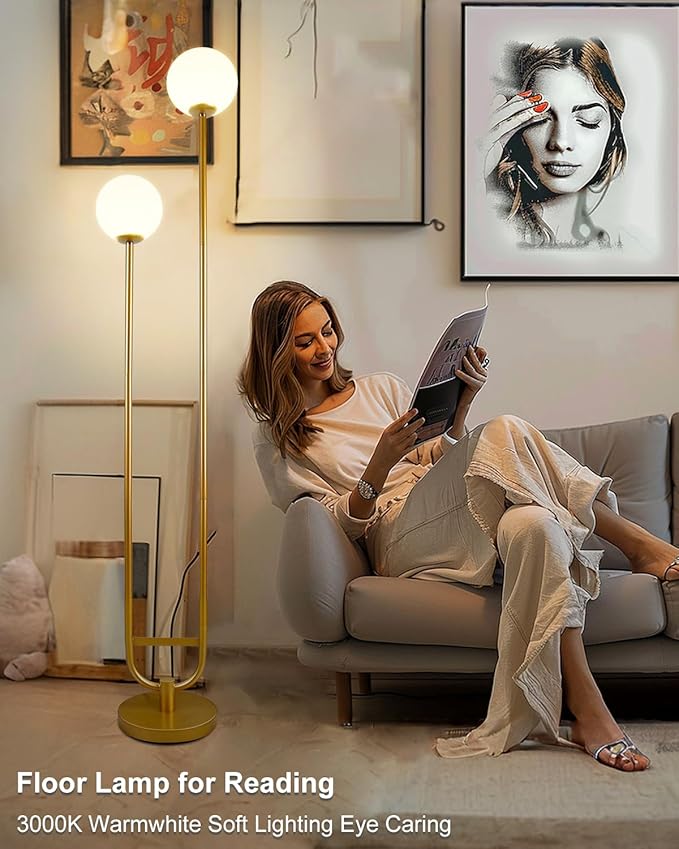 Lightdot 63IN Gold Floor Lamp with U Pole, 2 Globe Mid Century Standing Lamps with Warm White LED Bulbs, Unique Vintage Tall Floor Lamp for Living Room/Wedding/Party