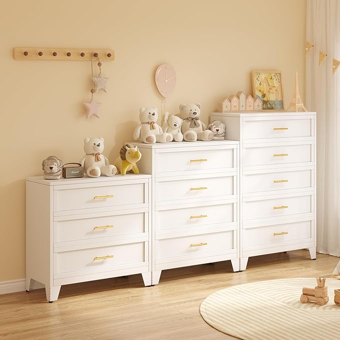 43.11" Tall Metal Dresser for Bedroom, 4 Drawer White Dresser Chest with Gold Handles, Closet Dressers Chests with Fluted Panel, Vertical Storage Cabinet for Living Room, Entryway, Hallway