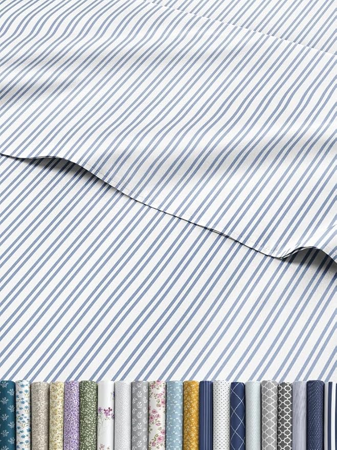 Blue and White Striped Sheets - 1 Flat & 1 Fitted Sheet & 2 Pillowcases w/ Deep Pockets - Comfy, Wrinkle & Fade Resistant - Ultra-Soft, Breathable & Cooling - Luxury Pinstripe Bedding - Full Size