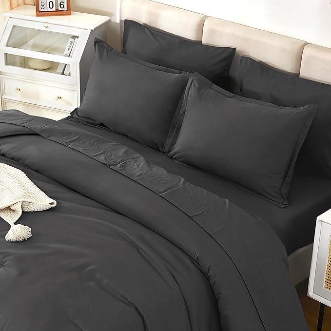 Litanika Comforter Full Size Set Dark Grey - 7 Pieces Bed in a Bag Full Bedding Comforter Sets, Plain Lightweight Bed Set with Comforter, Sheets, Pillowcases & Shams