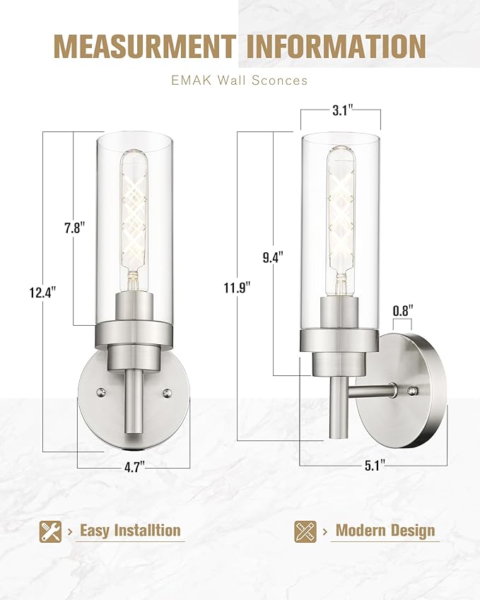 Emak Brushed Nickel Wall Sconce Light, Modern Bathroom Light Fixtures with Clear Glass Shade, 1 Light Wall Lights for Bedroom, Bathroom, Living Room, WS085-BN
